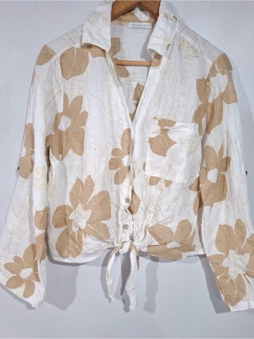 #0302 Made in Italy Floral Tie-Front Button-Down Blouse | 100% Linen | Size M | - Picture 3 of 7